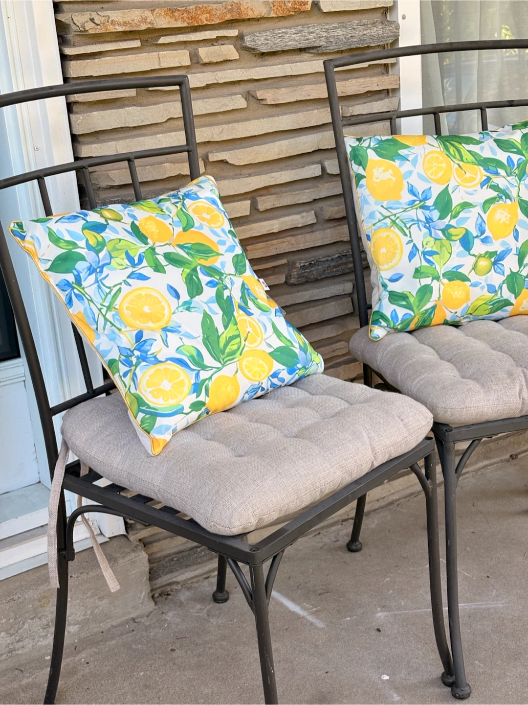 Two Metal Patio Chairs with Cushions