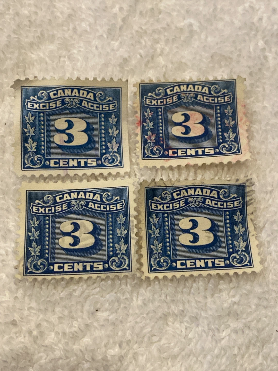 Set of 4 Vintage Canada 3 Cent Excise Stamps