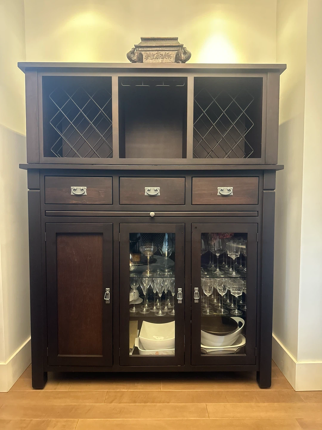 Dark Wood Vintage Dining Hutch with Wine Storage
