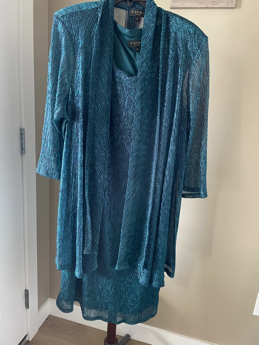 Laura Plus Teal Shimmer Dress and Jacket Set
