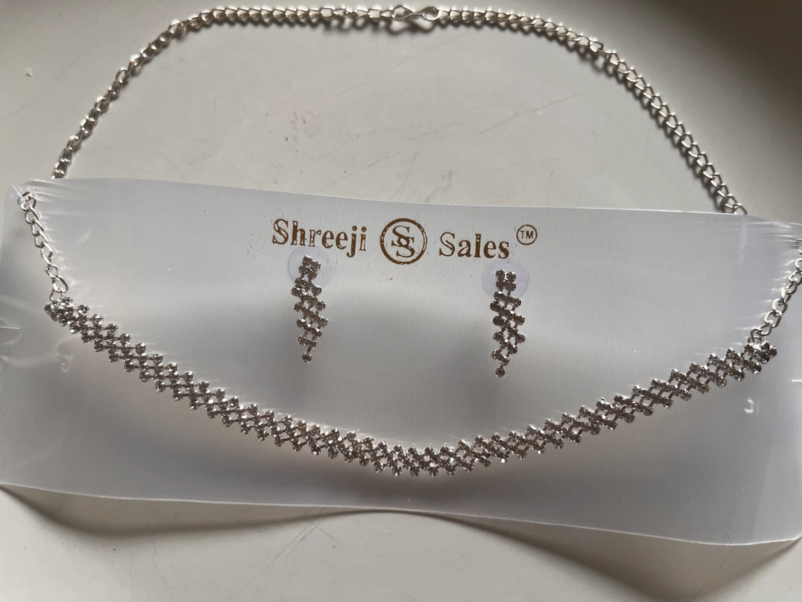 Shreeji Sales Silver-Tone Rhinestone Necklace and Earring Set