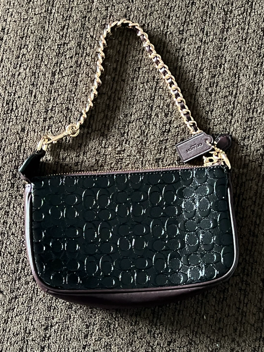 Black Signature Patent Wristlet Chain Strap Gold Hardware - photo 2