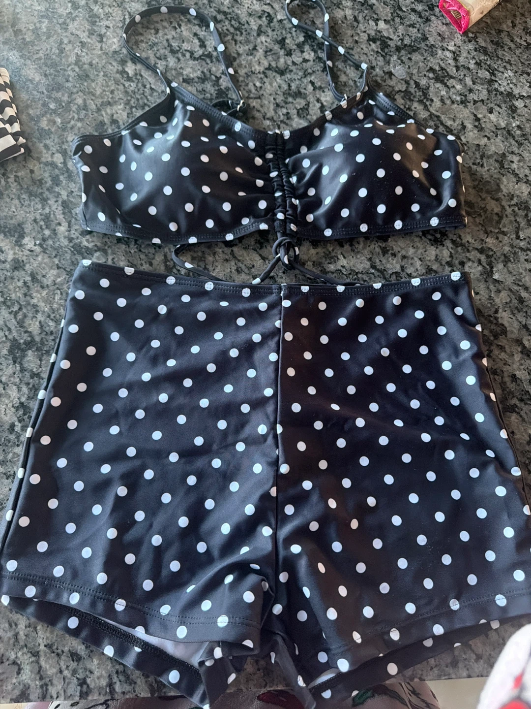 Black and white polka dot high-waisted bikini