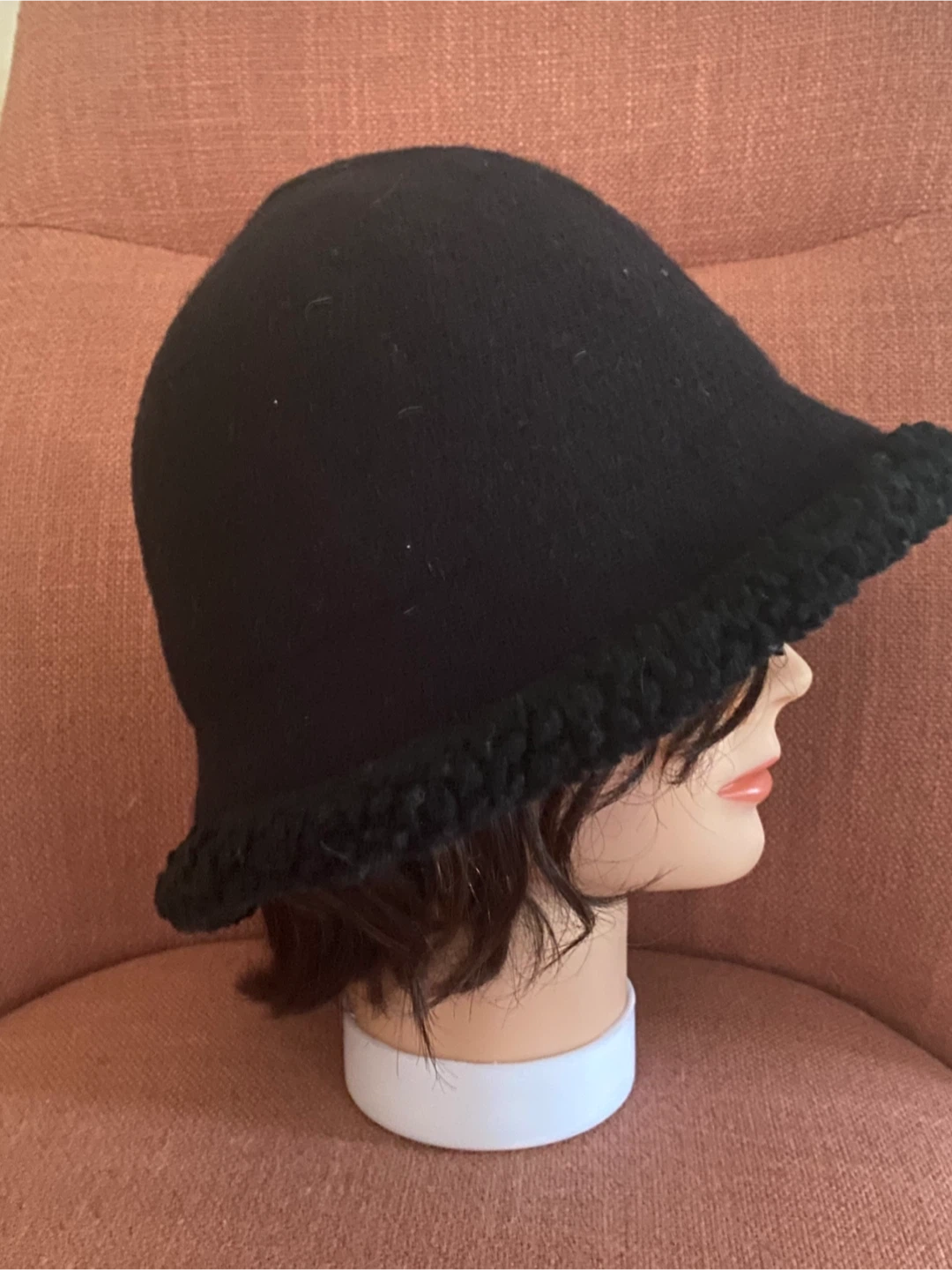 Black Wool Cloche Hat with Textured Brim, One Size