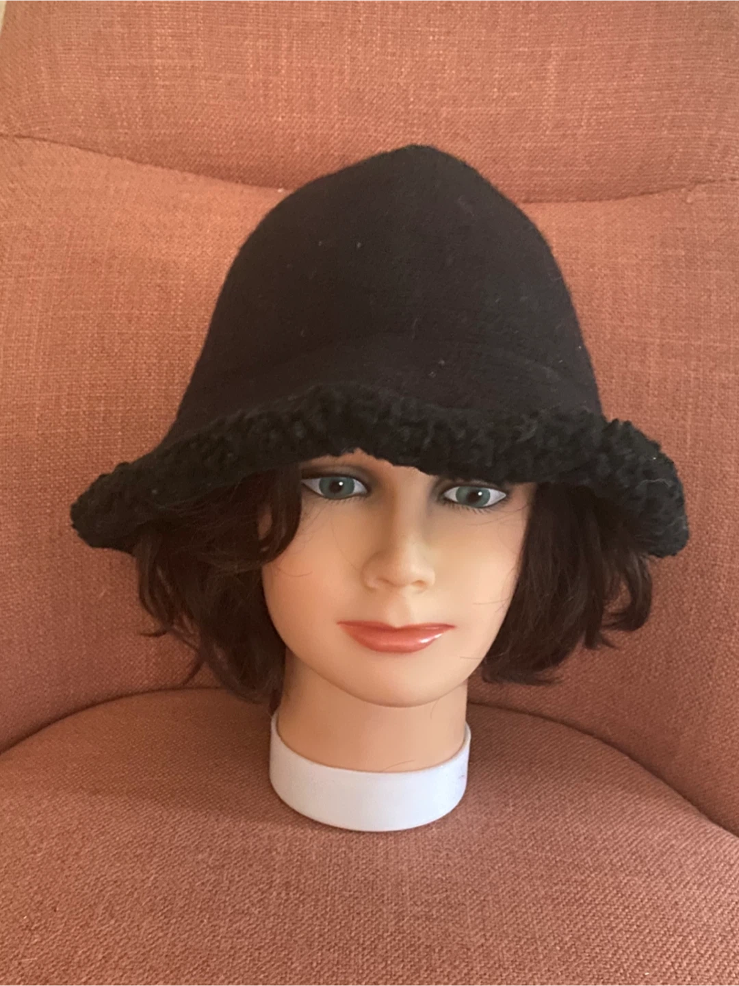 Black Wool Cloche Hat with Textured Brim, One Size - photo 2