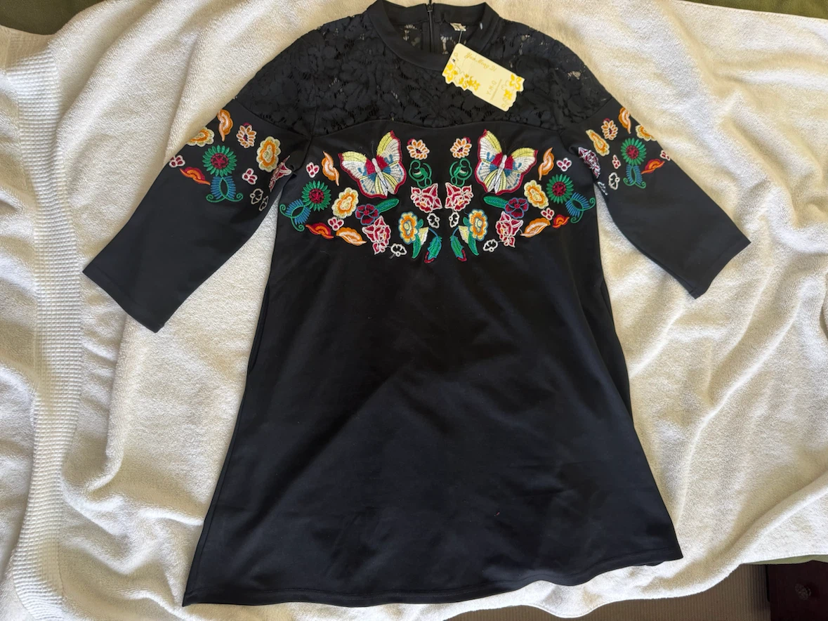 New S size Black Embroidered Butterfly Dress