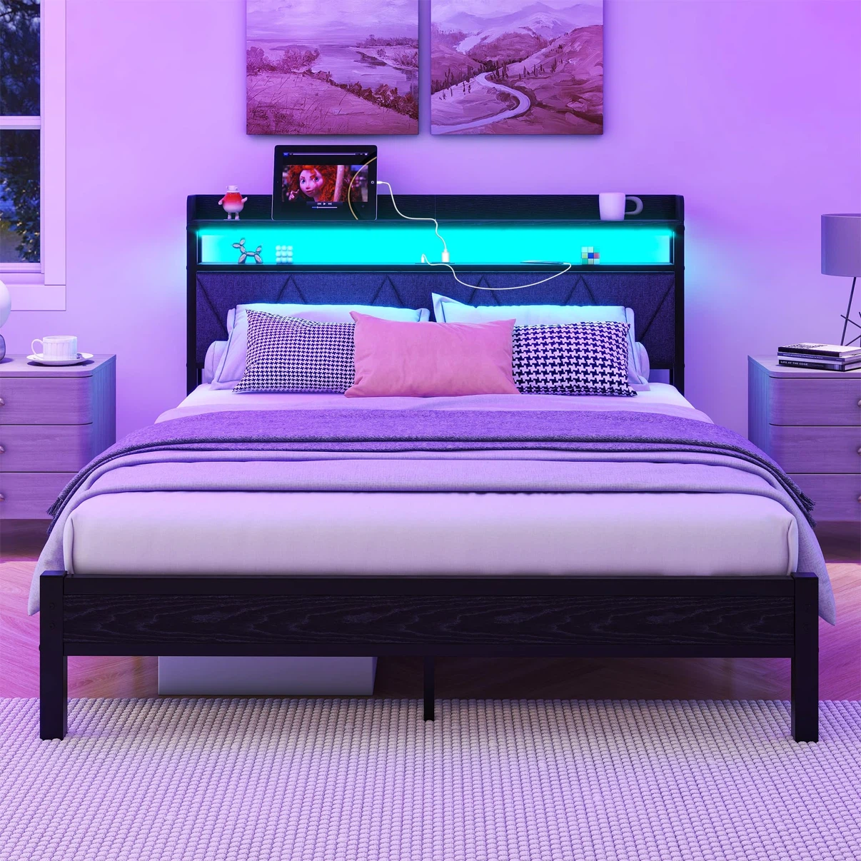 Queen Size Bed Frame with LED Lights Storage Headboard
