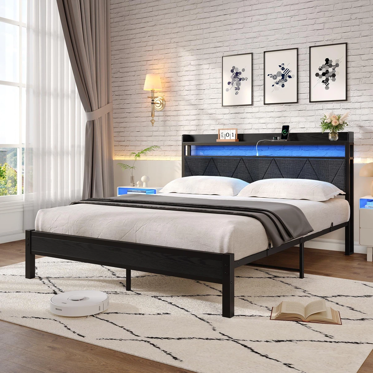 Queen Size Bed Frame with LED Lights Storage Headboard - photo 3