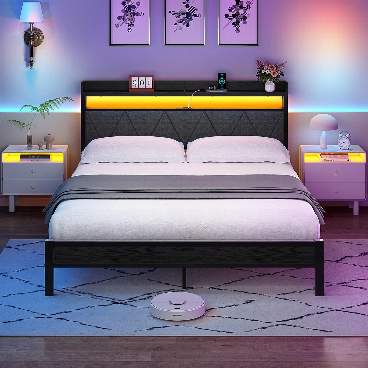 Queen Size Bed Frame with LED Lights Storage Headboard - photo 4