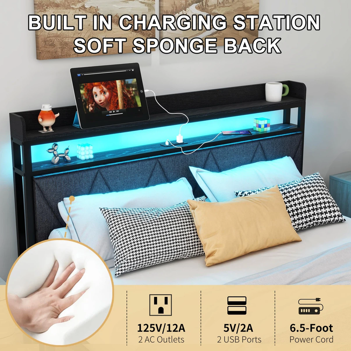 Queen Size Bed Frame with LED Lights Storage Headboard - photo 5