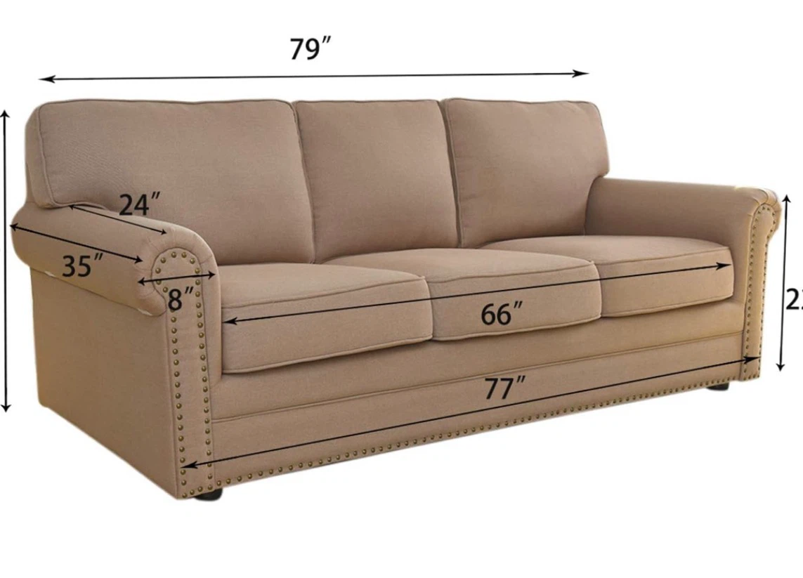 Beige Three-Seater Sofa with Nailhead Trim