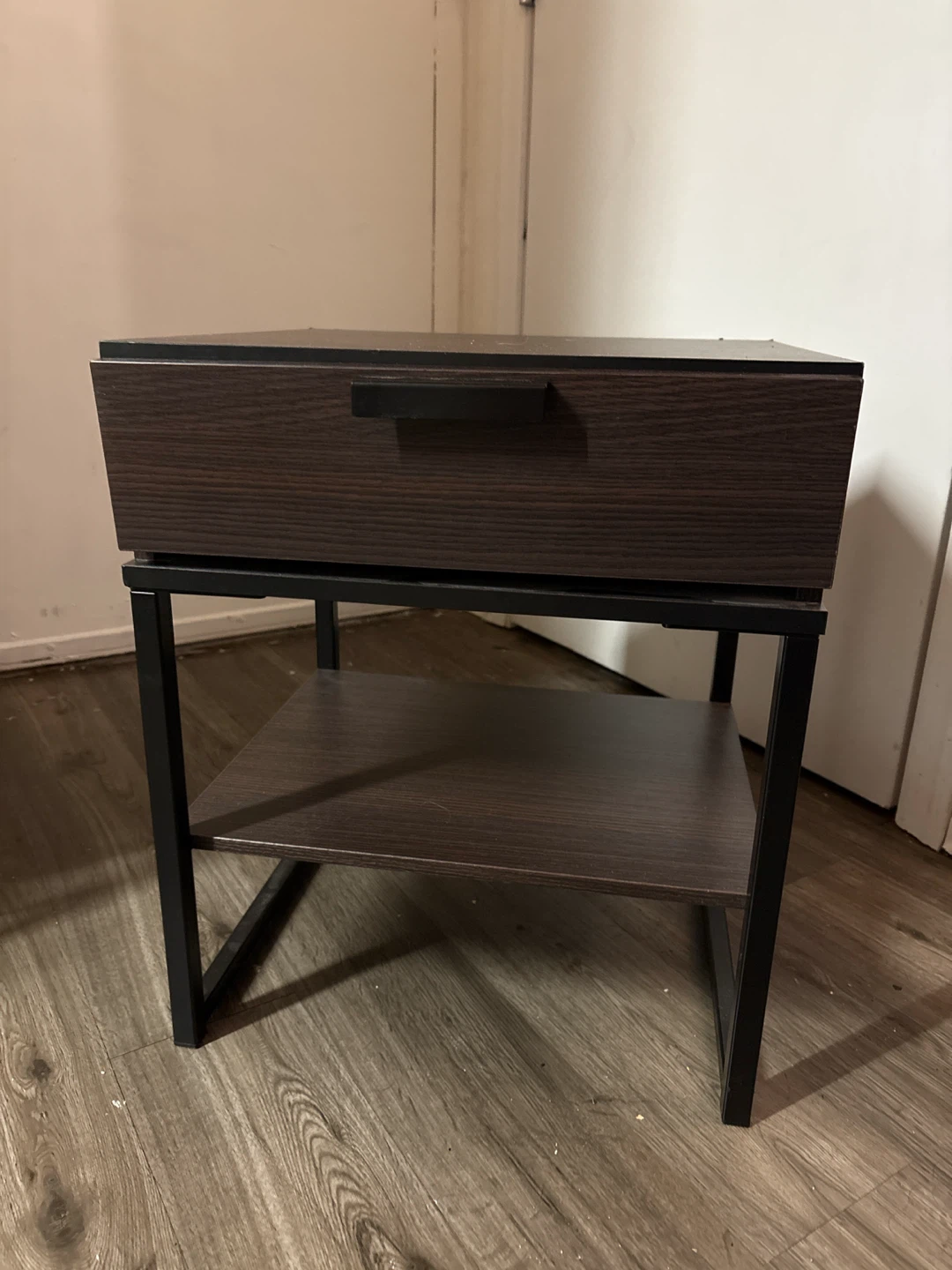 Dark Wood Grain Nightstand with Drawer