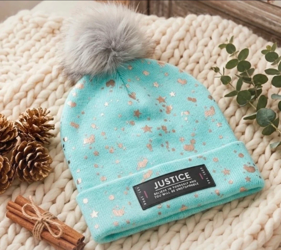 Justice Teal Pom-Pom Beanie with Gold Stars