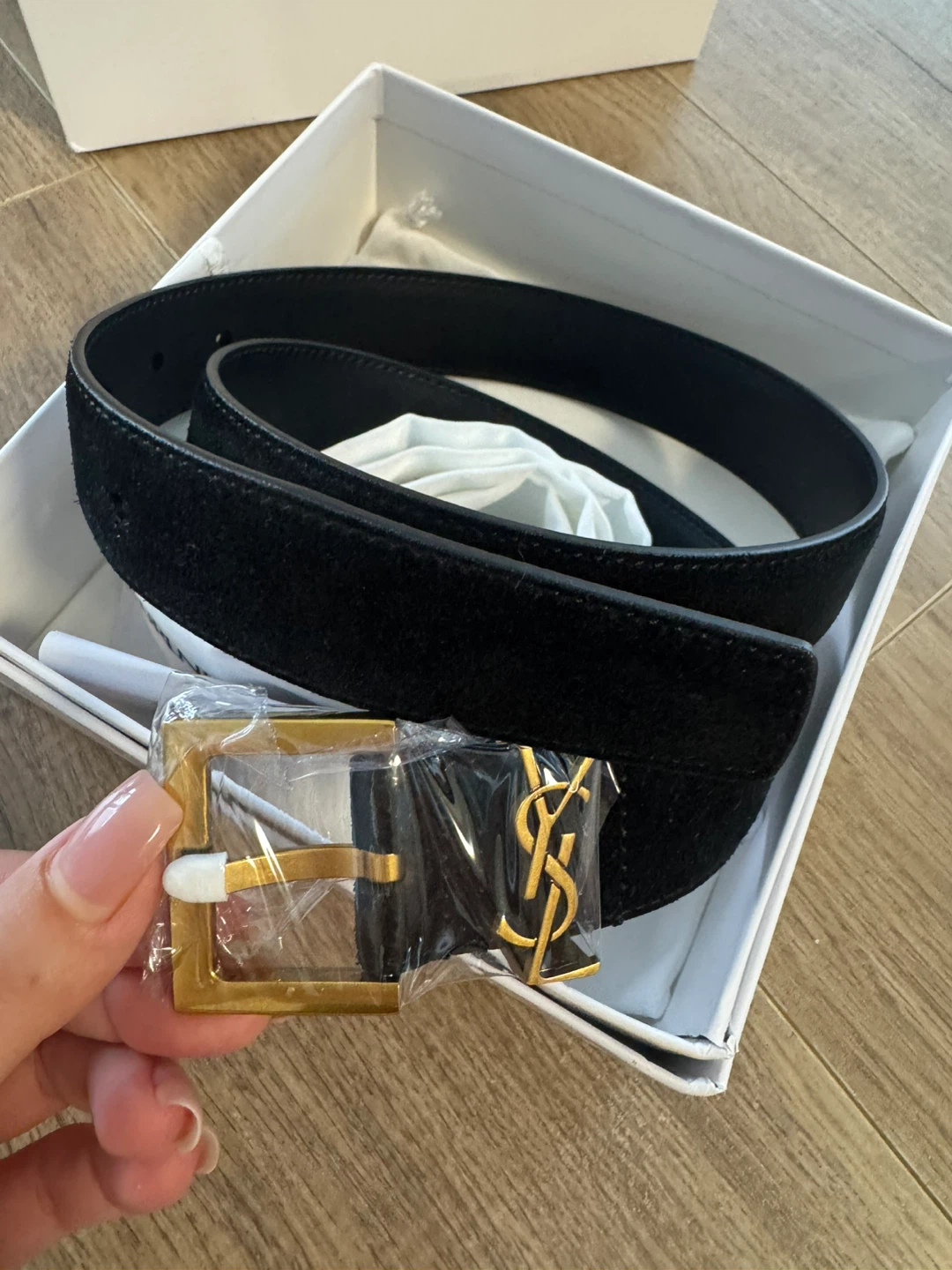 Luxury Genuine Suede Leather Belt with Gold Buckle - photo 3