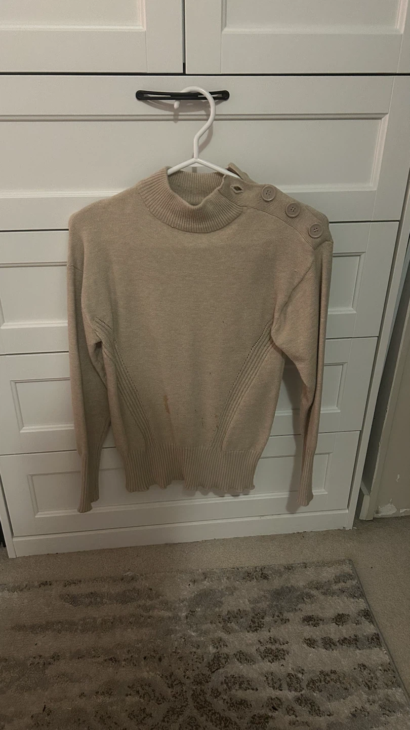 Beige Button-Detail Mock Neck Sweater