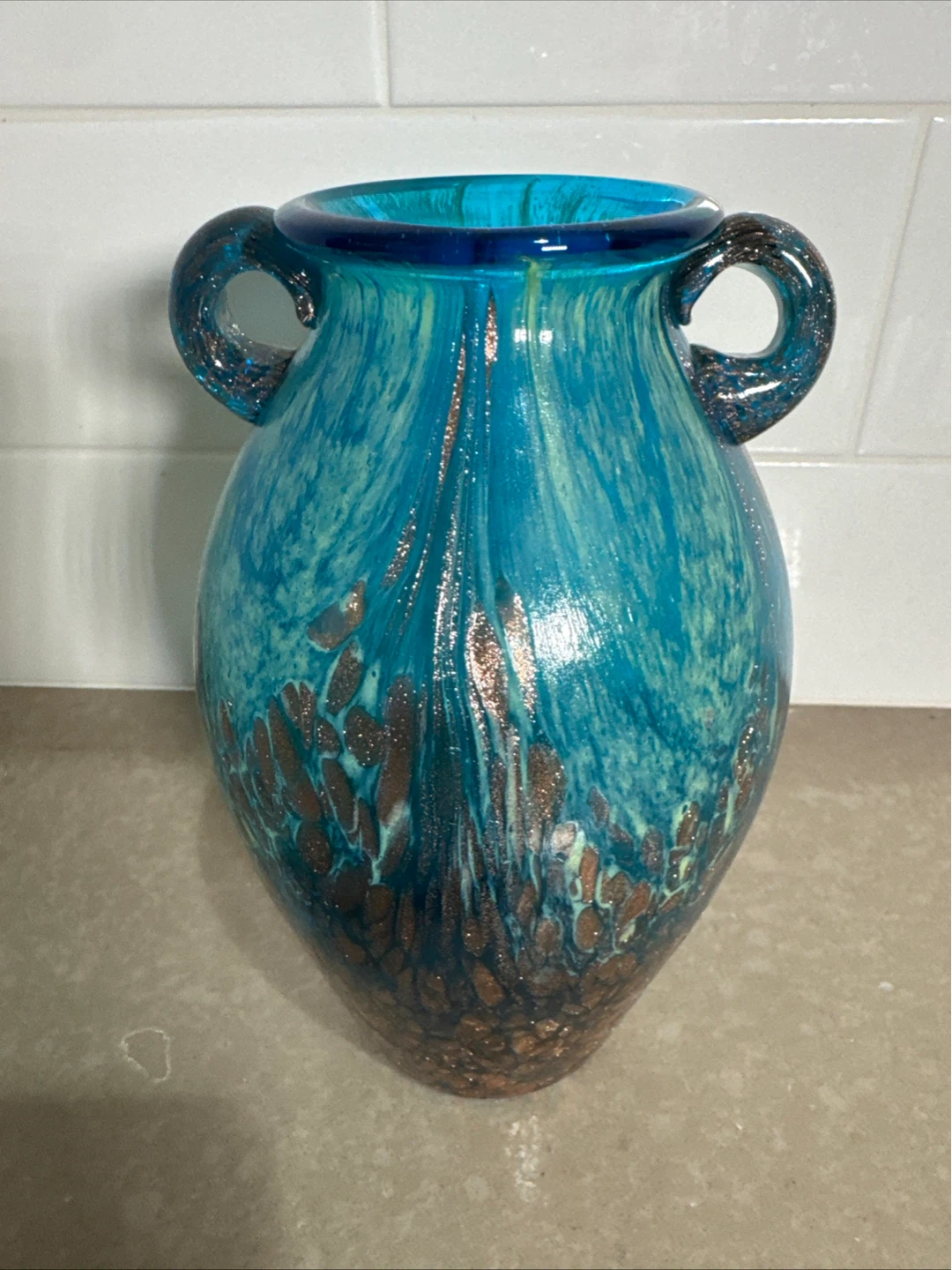 Blue and Copper Art Glass Vase - photo 2