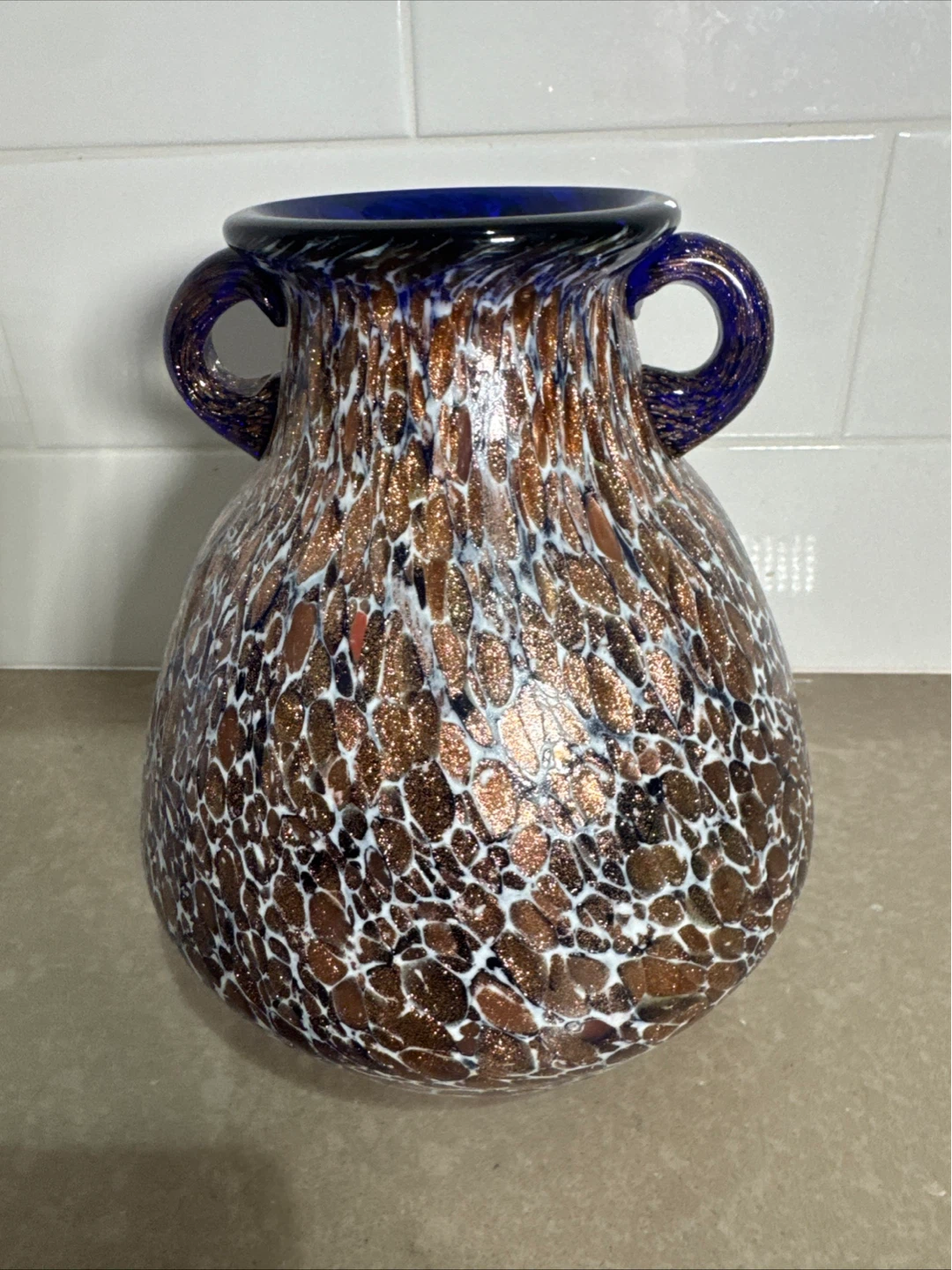 Art Glass Vase with Blue Handles