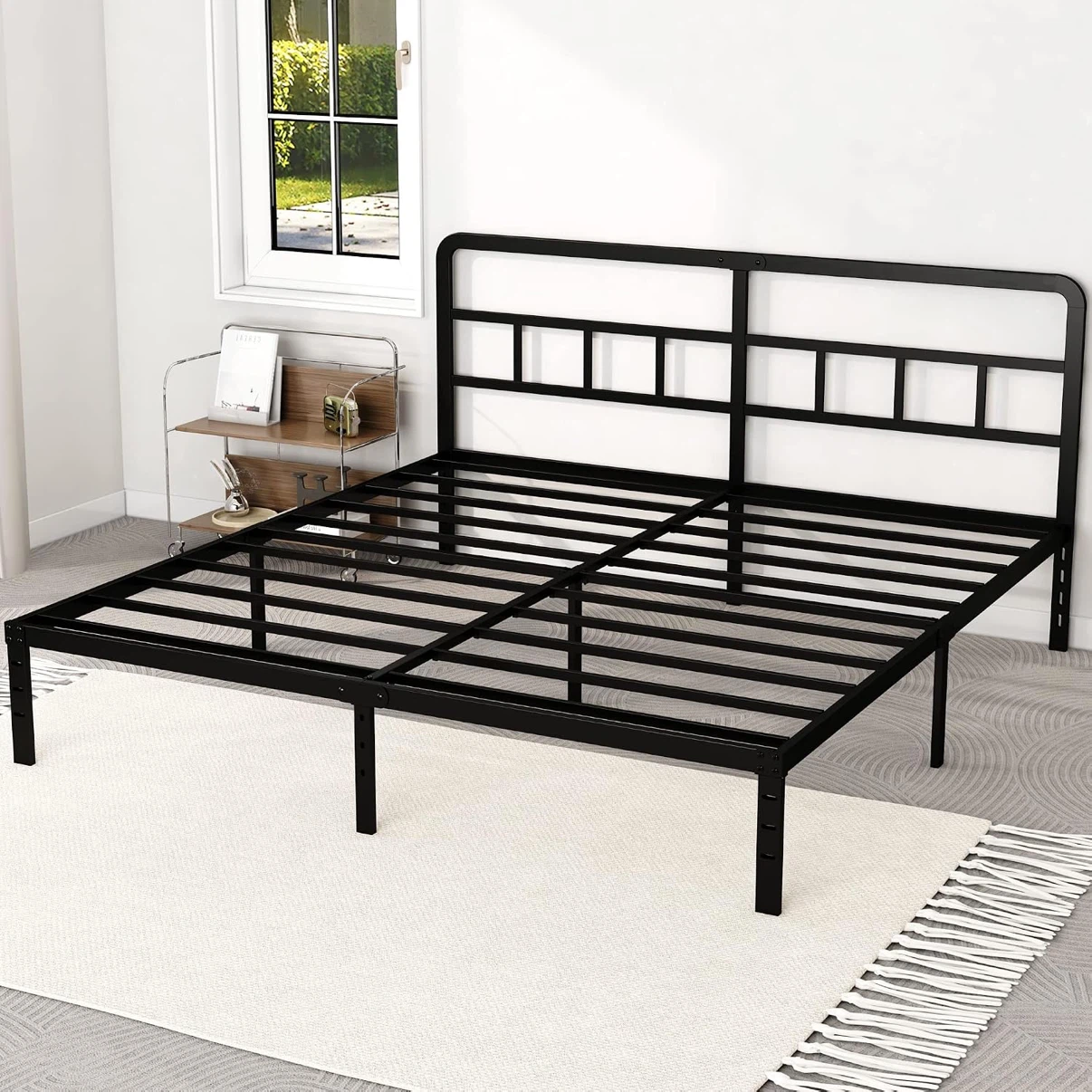 DiaOutro Metal Platform King Bed Frame with Headboard