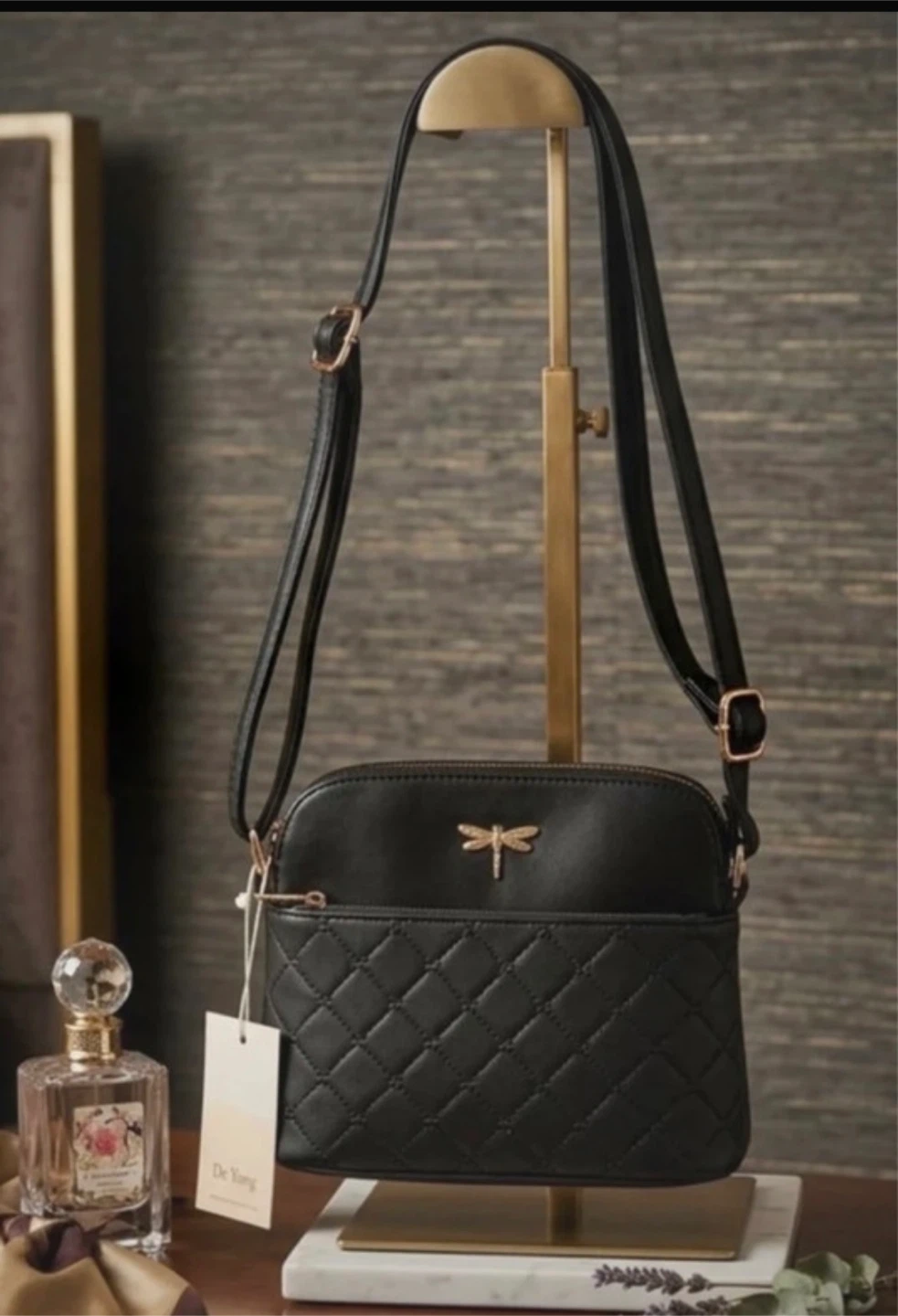 Black Quilted Dragonfly Crossbody Bag