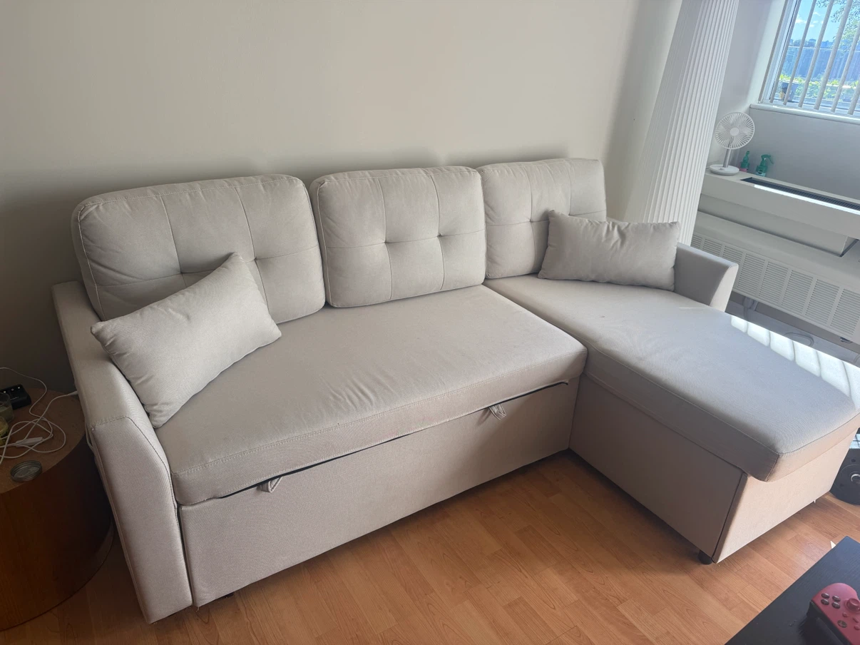 Light Beige Sectional Sofa with Storage and Pull-out Bed