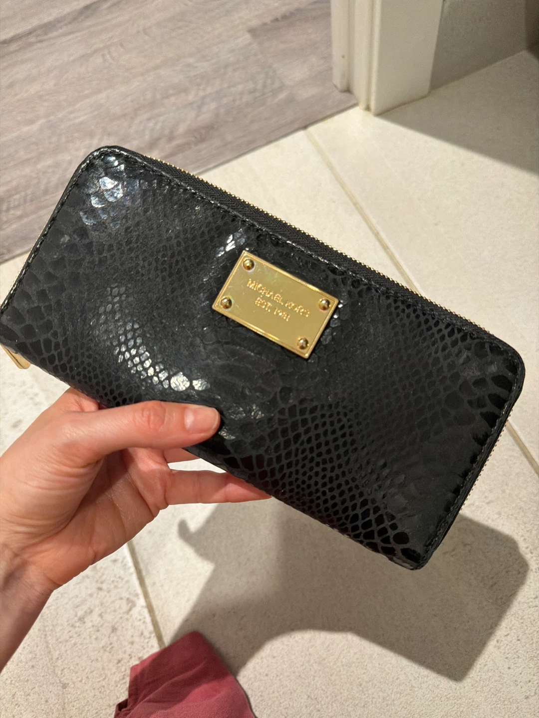 Michael Kors Black Snakeskin-Embossed Zip-Around Wallet
