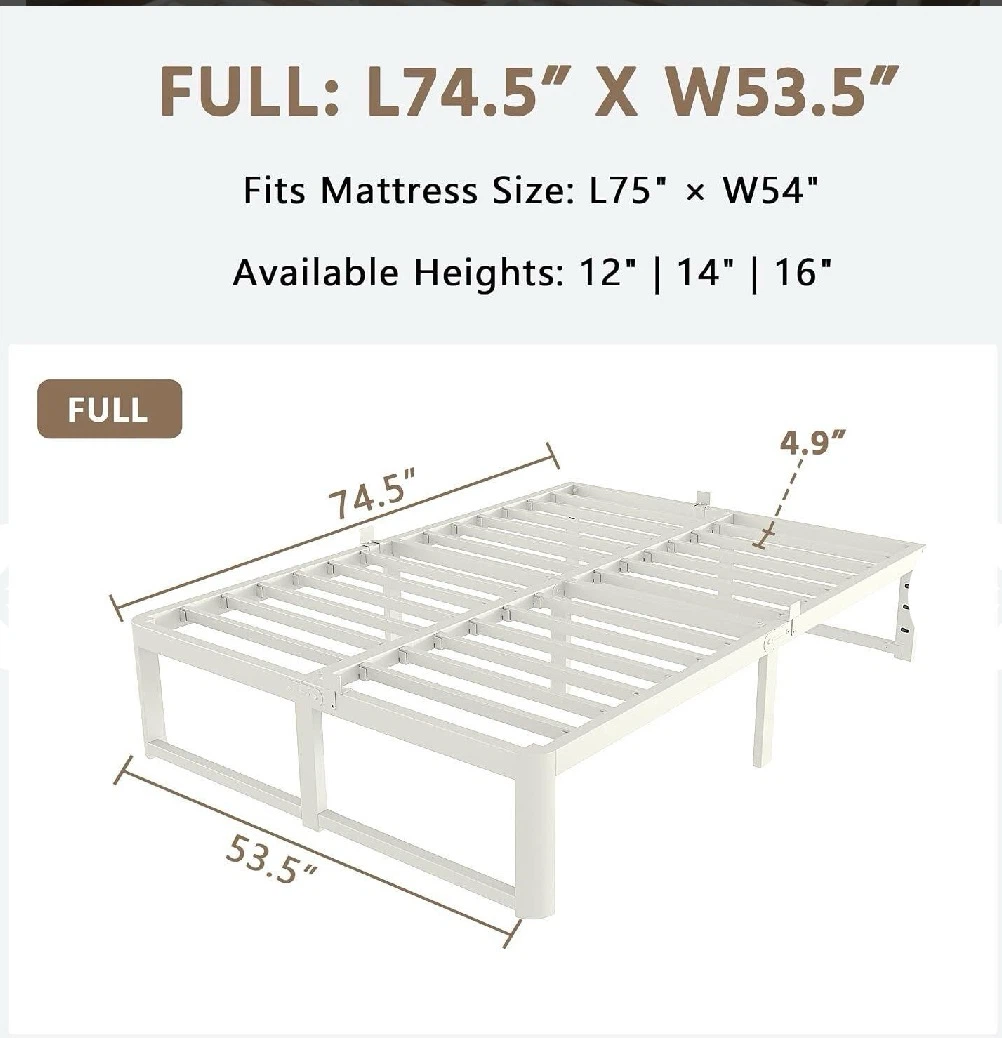 ZTH Full Bed Frame, 14" Reinforced White - photo 2