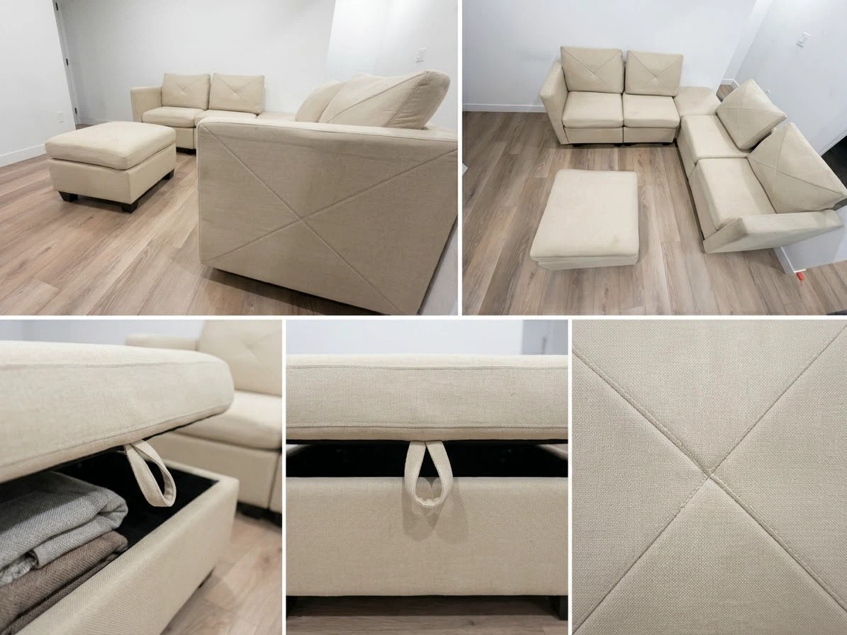 Modular Beige Sectional Sofa with Storage Ottoman