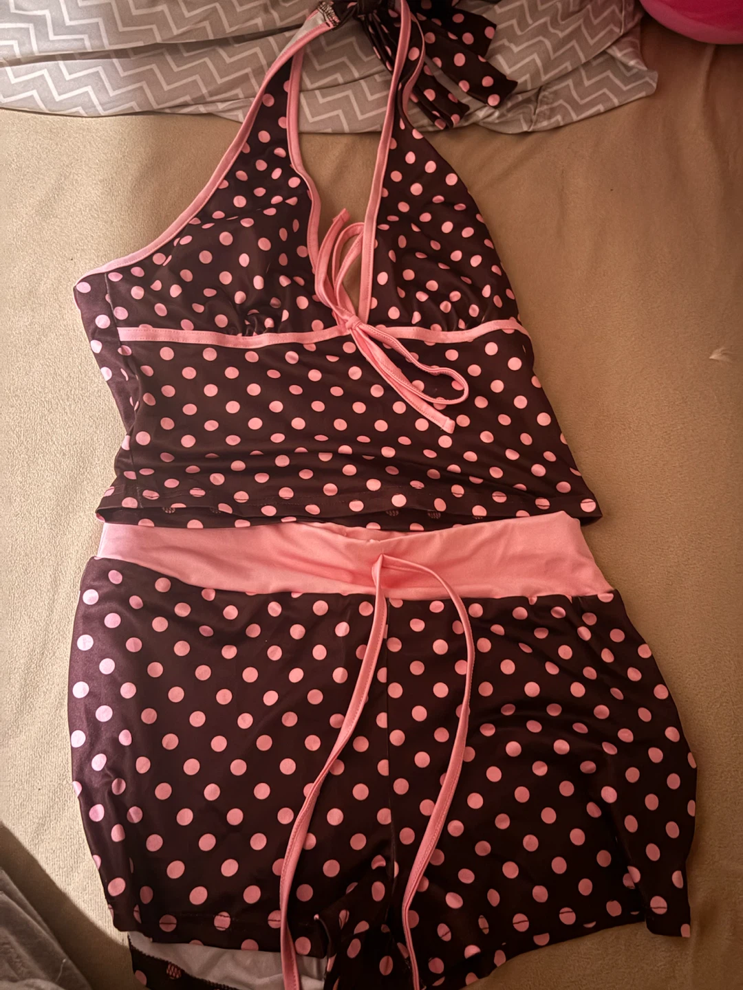 Brown and Pink Polka Dot Halter Swim Set - photo 2