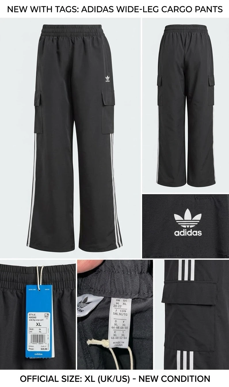 New Adidas Wide-Leg Cargo Pants - Black