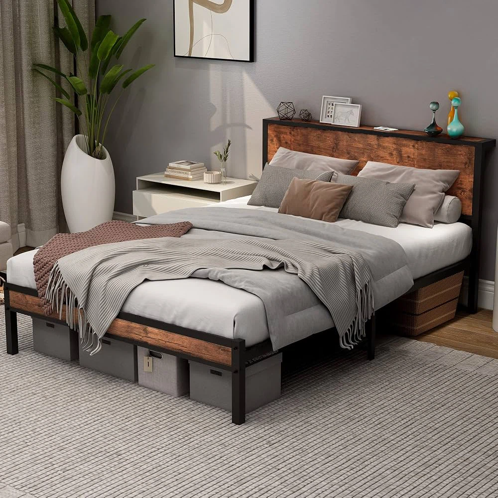 Nee Full Bed Frame with Wood Storage Headboard