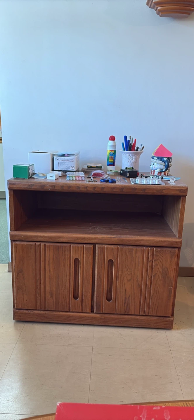 Wood storage cabinet with open shelf