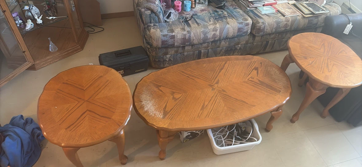 Oak Finish Coffee Table and Two End Tables Set
