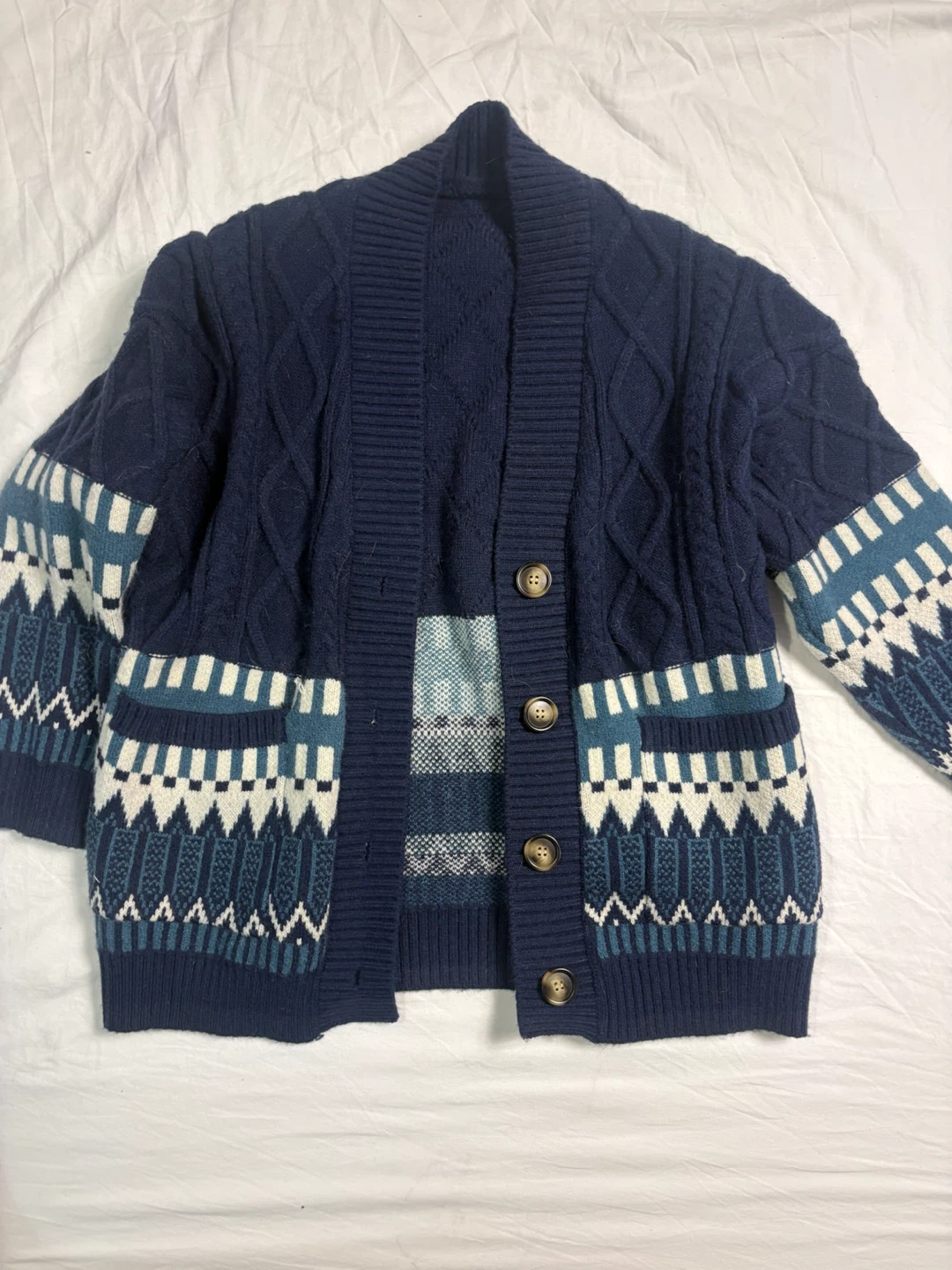 Navy Blue Patterned Cable Knit Cardigan - photo 2