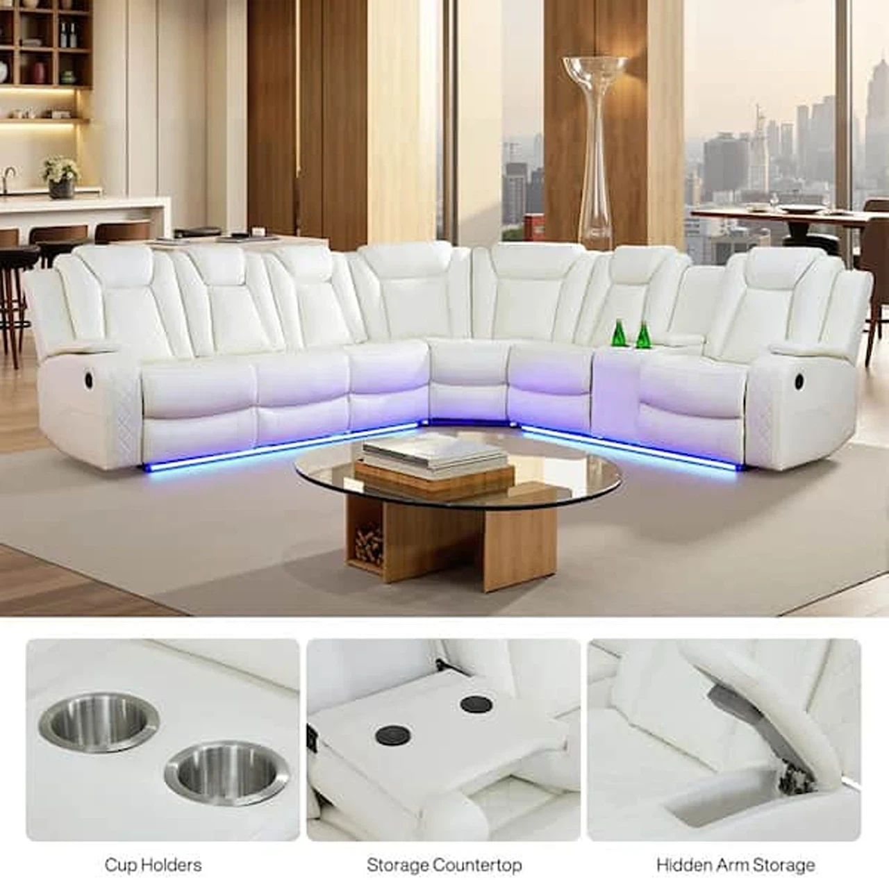 6-Seat Leather L-Shaped Recliner Sectional Sofa – White