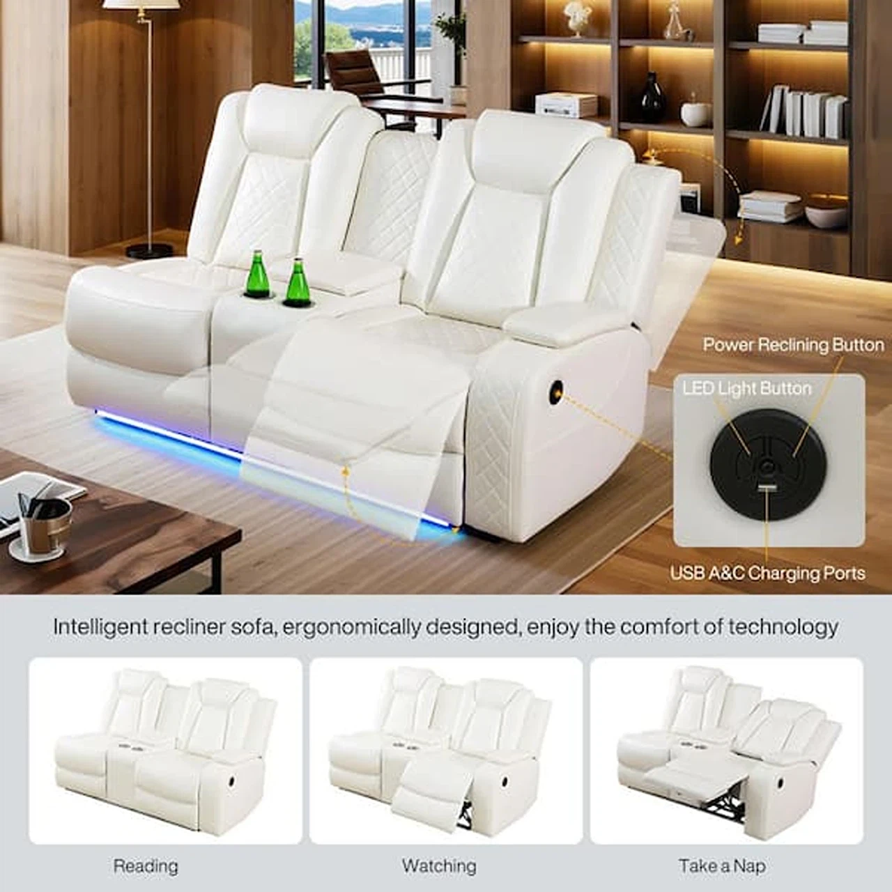 6-Seat Leather L-Shaped Recliner Sectional Sofa – White - photo 3