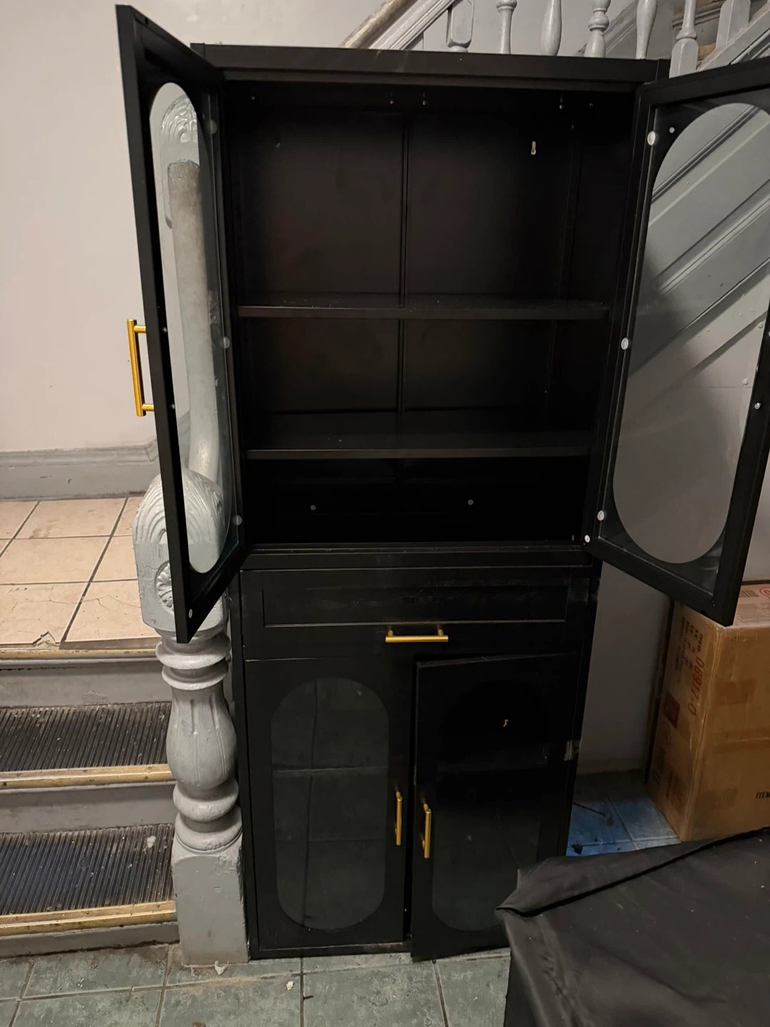 Black Storage Cabinet with Glass Doors