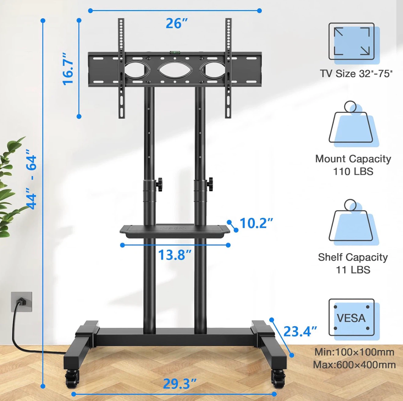 Rfiver Heavy Duty Rolling TV Stand with Power Outlet for 32-83” - photo 2