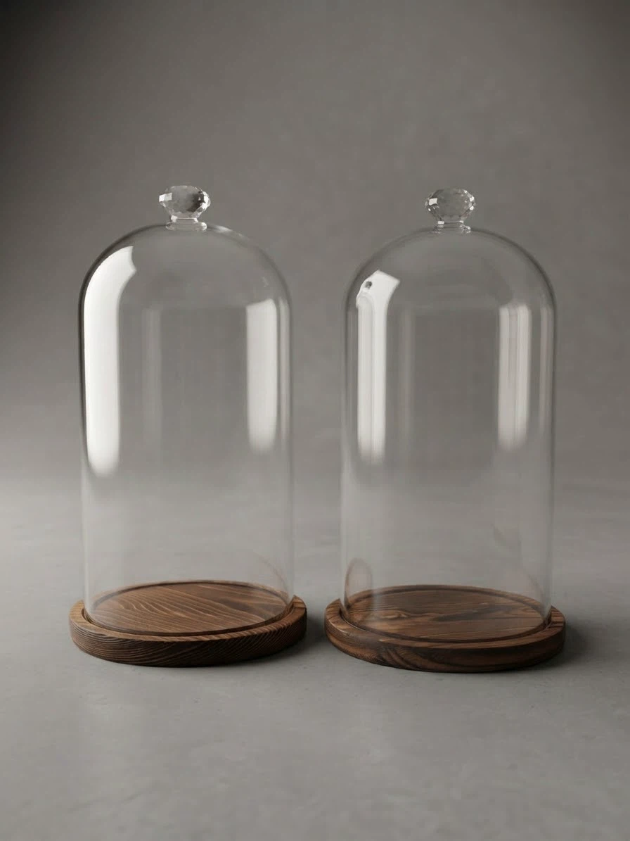 Set of 2 Glass Display Domes with Wooden Bases