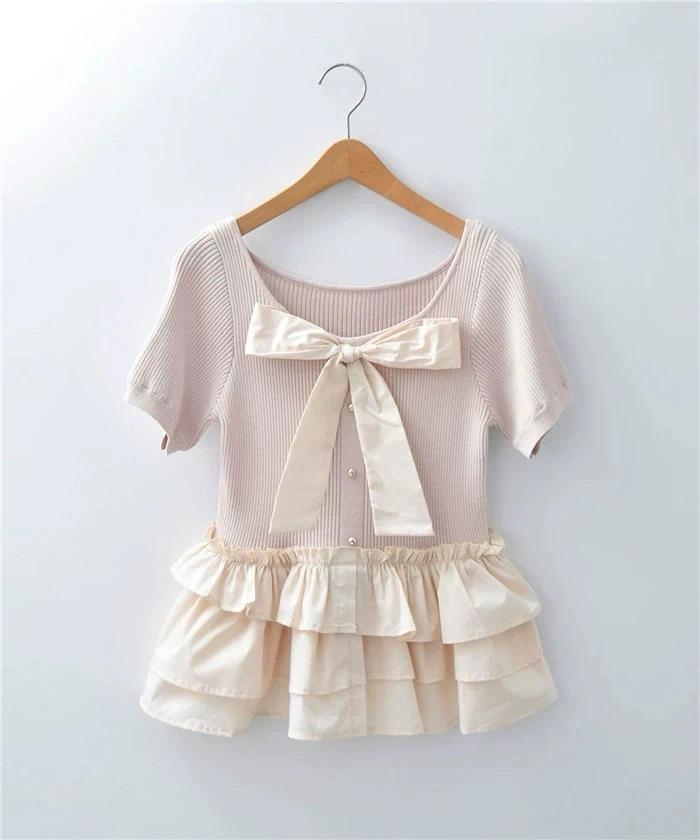 2026 Sweet Bow-Trimmed Ruffled Short-Sleeved Thin Knit Sweater