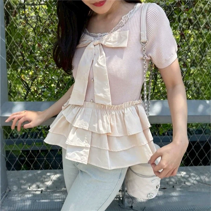 2026 Sweet Bow-Trimmed Ruffled Short-Sleeved Thin Knit Sweater - photo 2