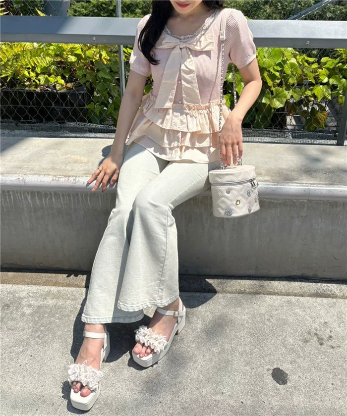 2026 Sweet Bow-Trimmed Ruffled Short-Sleeved Thin Knit Sweater - photo 3