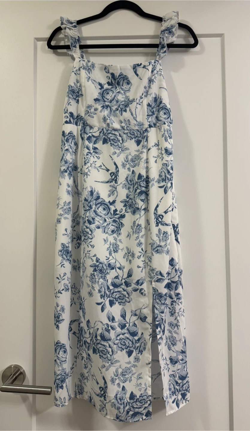 Blue and White Floral Print Midi Dress - M