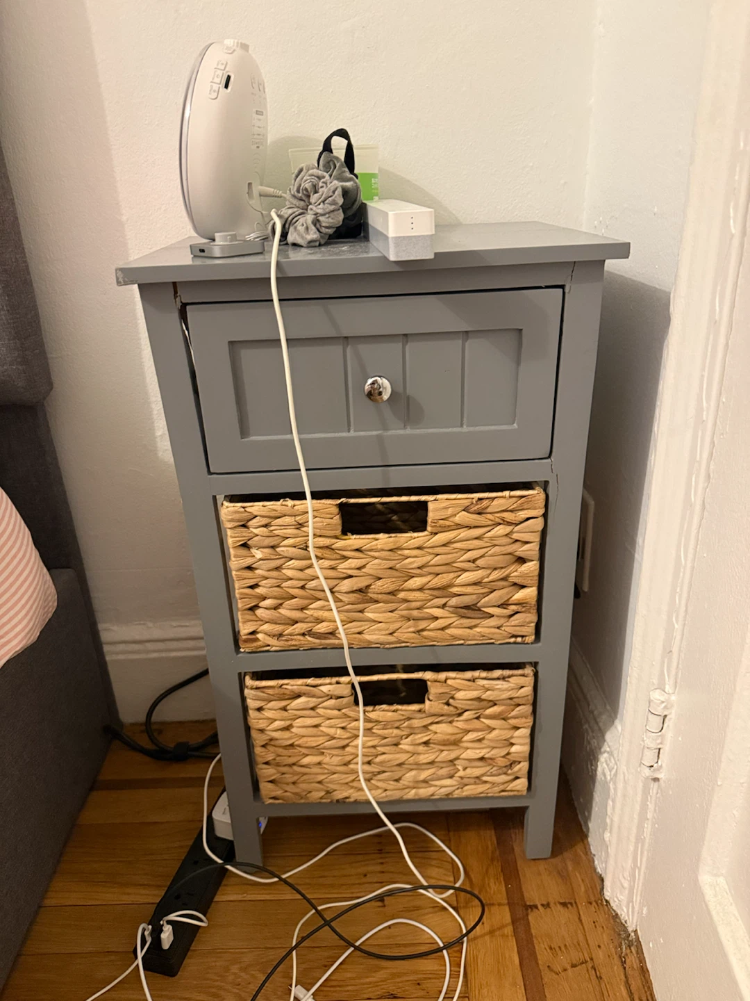 Gray Bedside Table with Two Woven Baskets