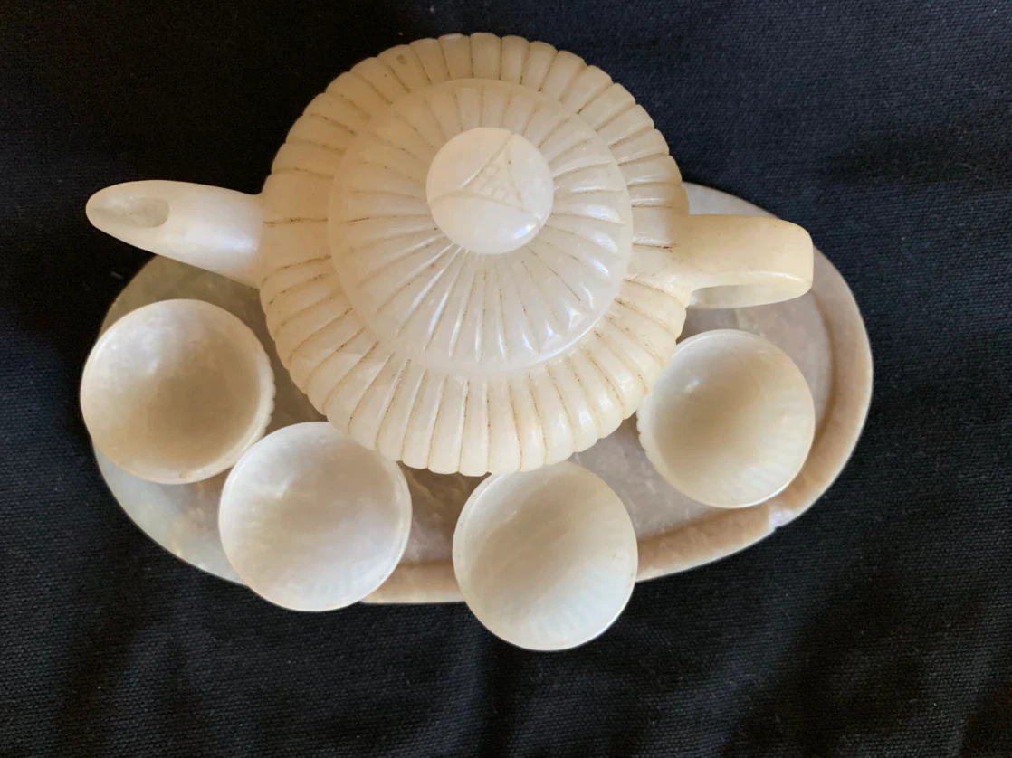 Unused White Stone Tea Set with Tray