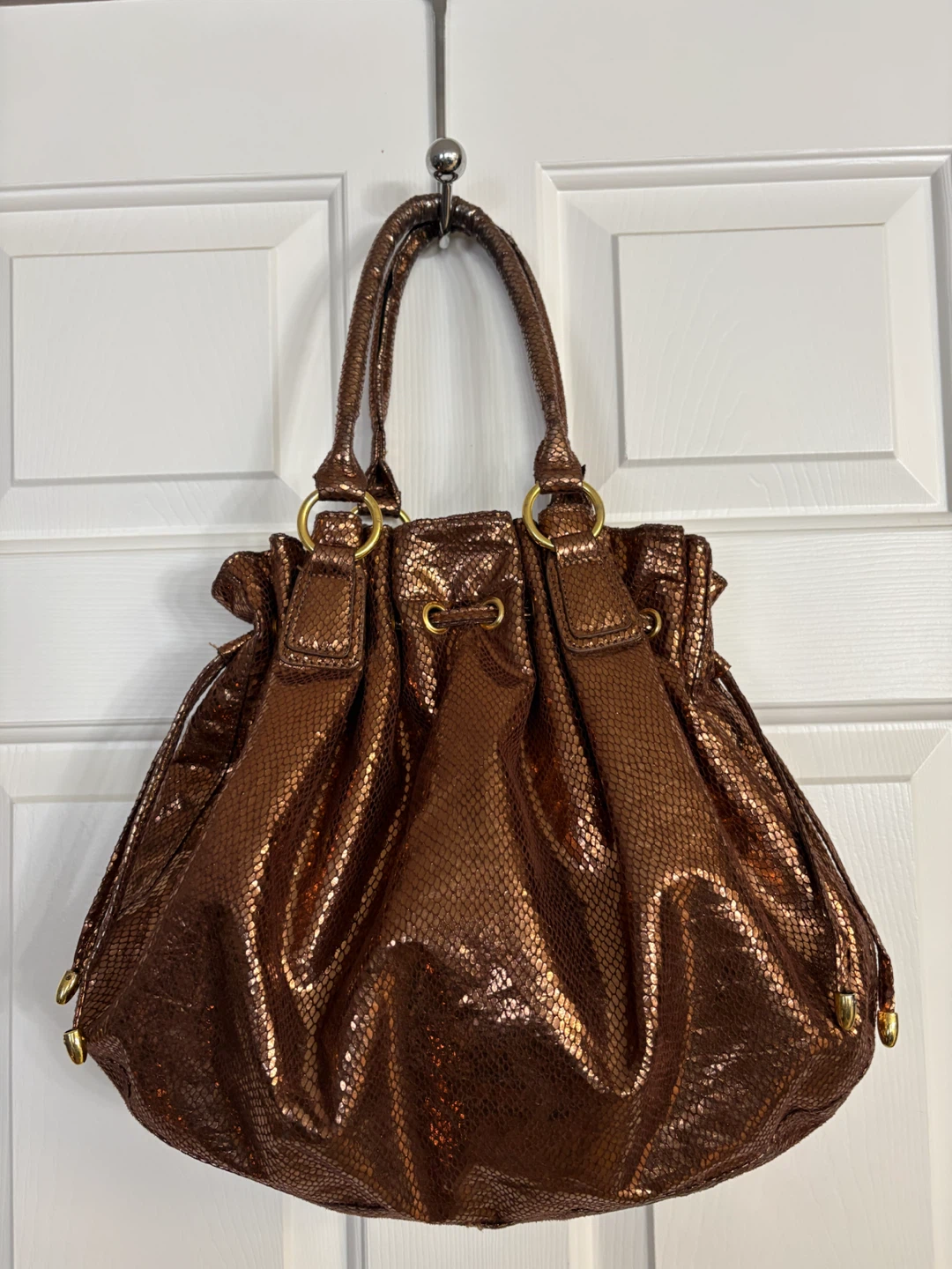Big Buddha Metallic Bronze Snakeskin-Embossed Drawstring Bag