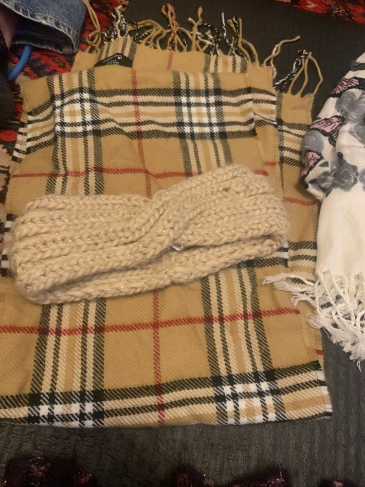 Tan Plaid Scarf and Knit Headband Set - photo 2
