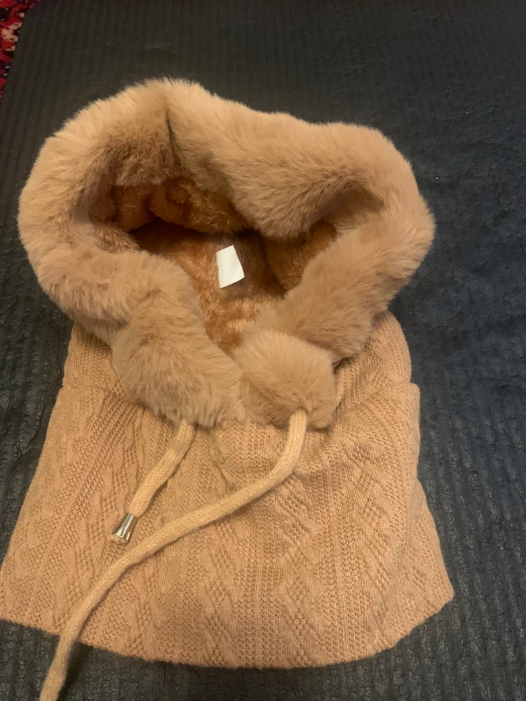 Tan Faux Fur Knitted Hooded Scarf - photo 2