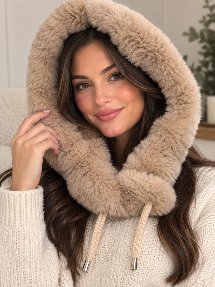Tan Faux Fur Knitted Hooded Scarf - photo 3