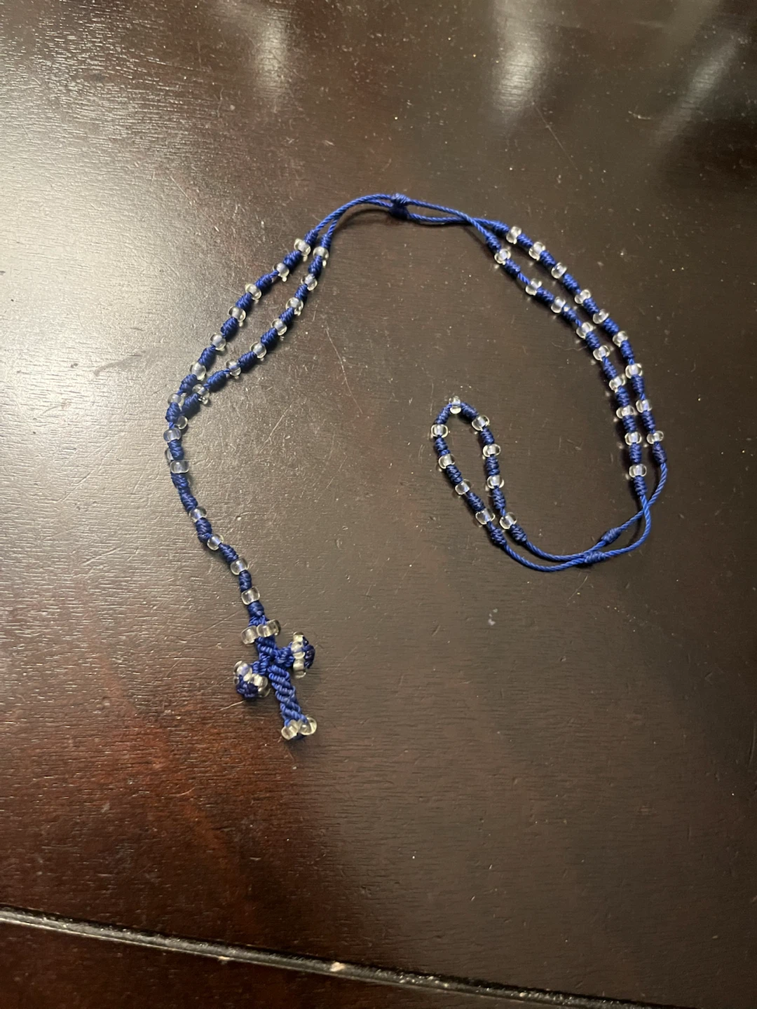 Handmade blue beaded rosary 12in