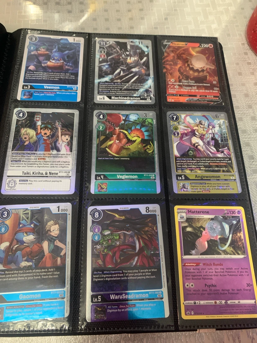 Mixed Pokémon and Digimon trading card binder